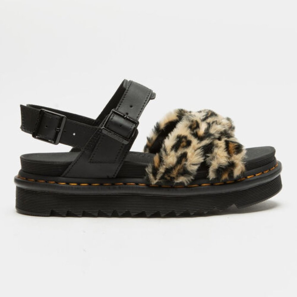 Dr. Martens Black Sandal with Leopard Faux Fur Strap